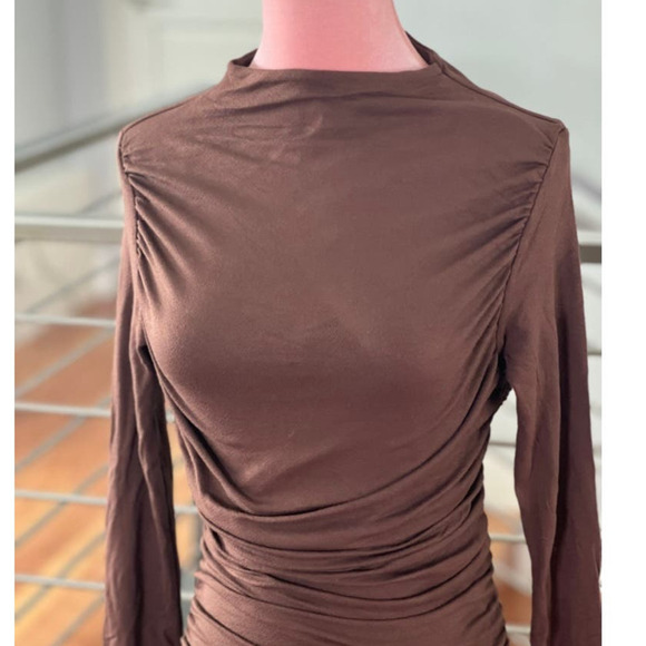 Naked Wardrobe Ruched Long Sleeve Back Cutout Mini Dress in Chocolate - Picture 4 of 11